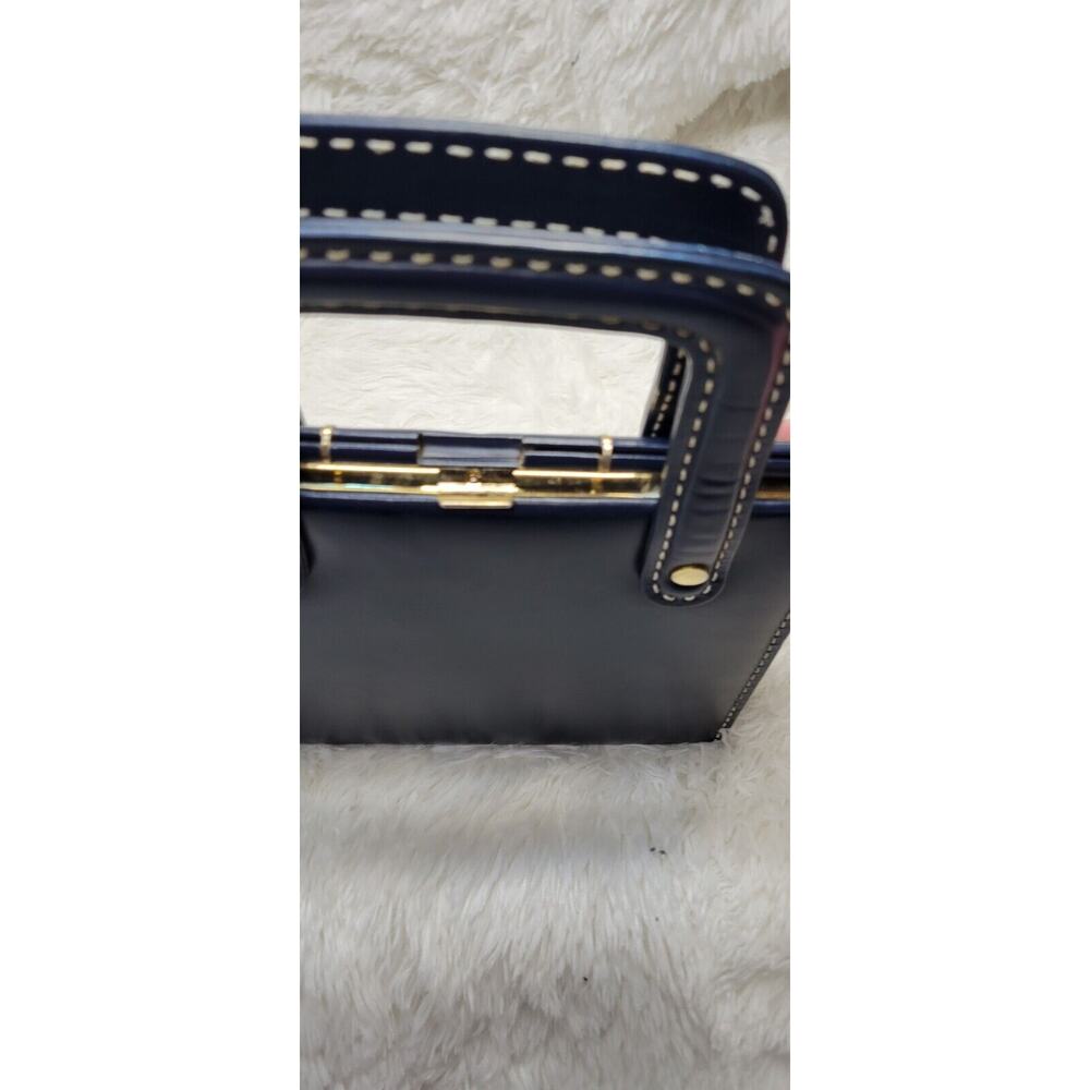 Vintage 1960's Dark Navy Gold Accent Leather Womens Lined Snap Closure Handbag - Picture 5 of 11